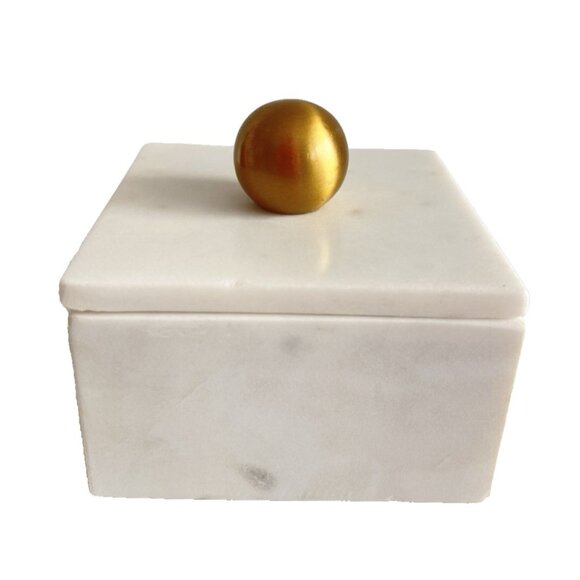 Alabaster Marble 5” X 5” Trinket Box With Gold Knob Square Versatile Storage - Picture 1 of 9